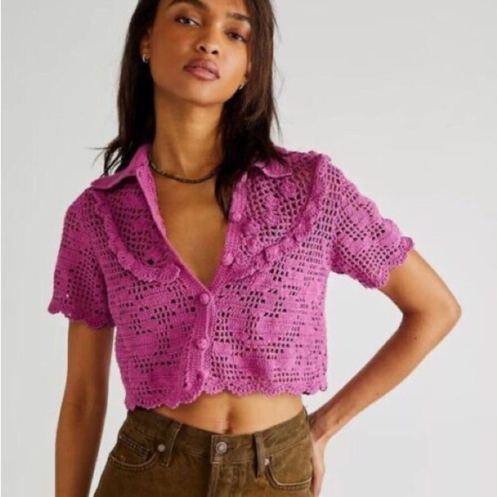 Free People Rosarita Crochet Top, pink purple size small